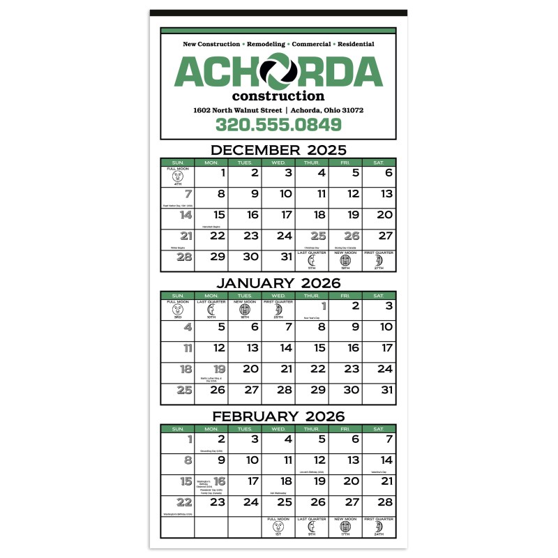 3-Month Display 12-Sheet Calendar