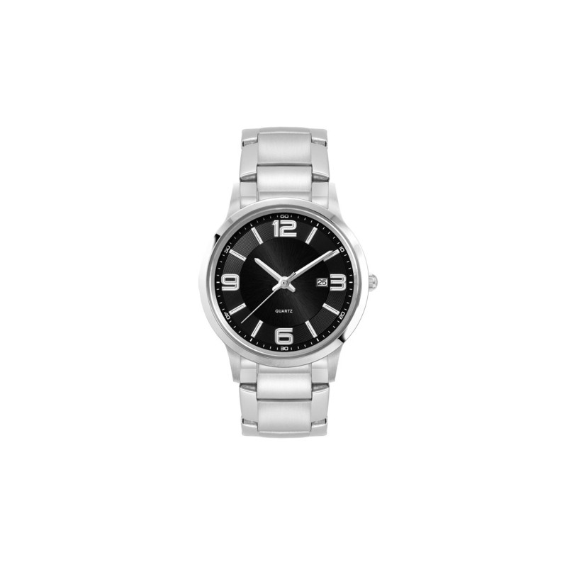 Ladies Black Case Watch Ladies Silver Stainless Steel Case, Black Sunray Dial, and Silver Stainless