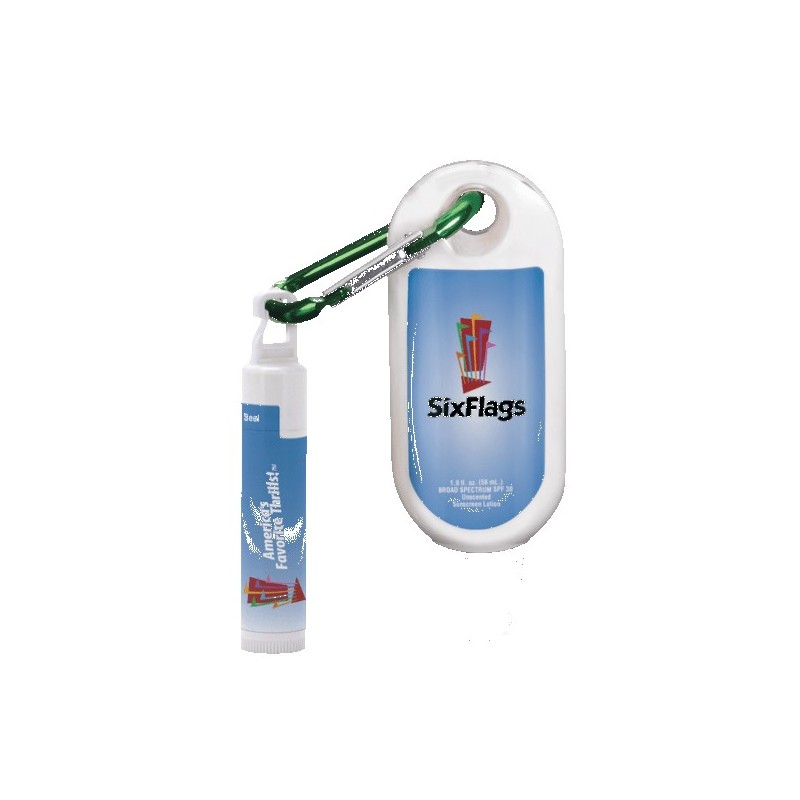 1.9 oz SPF 30 Sunscreen with Carabiner and SPF 15 Lip Balm in White Tube with Hook Cap