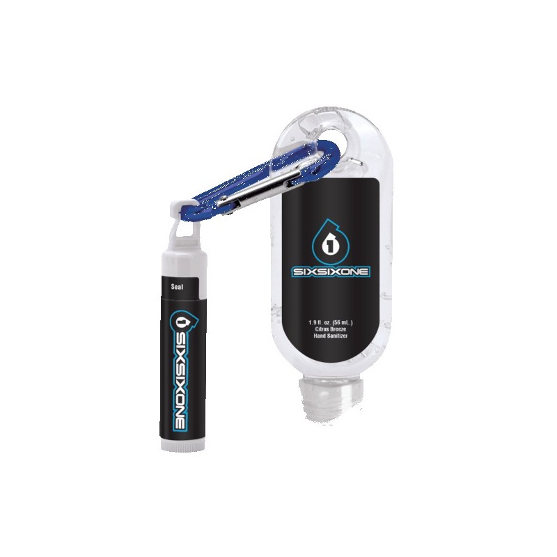 1.9 oz Clear Sanitizer with Carabiner attached to SPF 15 Lip Balm