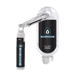 1.9 oz Clear Sanitizer with Carabiner attached to SPF 15 Lip Balm