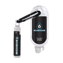 1.9 oz Clear Sanitizer with Carabiner attached to SPF 15 Lip Balm