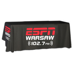 Sublimated PREMIUM Table Cloth for 6' Table, Drape Style, 3 sided, Open Back, Rounded corners