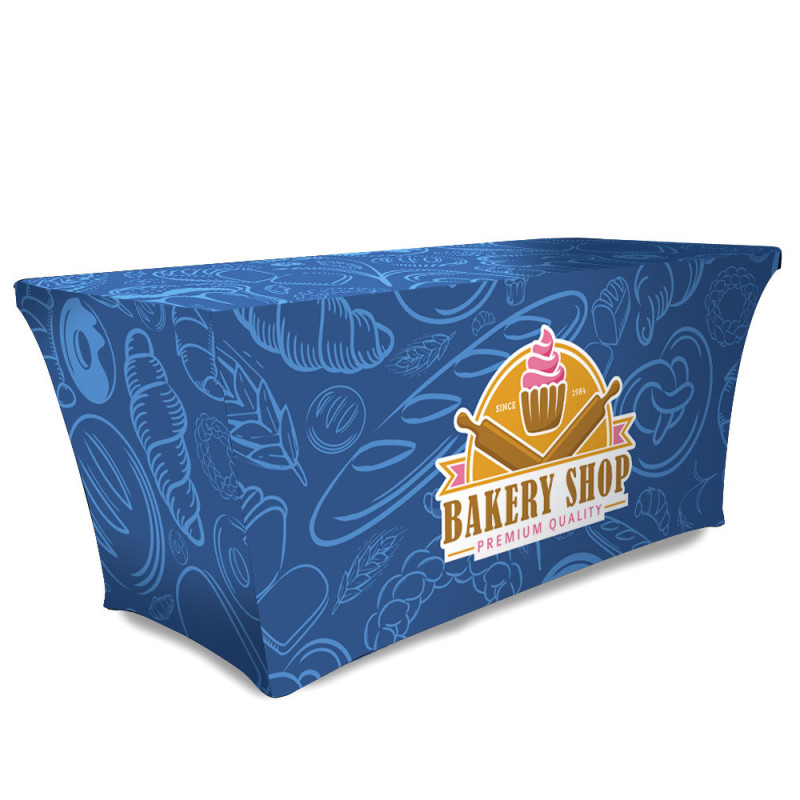 Sublimated Stretch Curved Fit Table Throw for 8' table, 4 sided, Closed Back