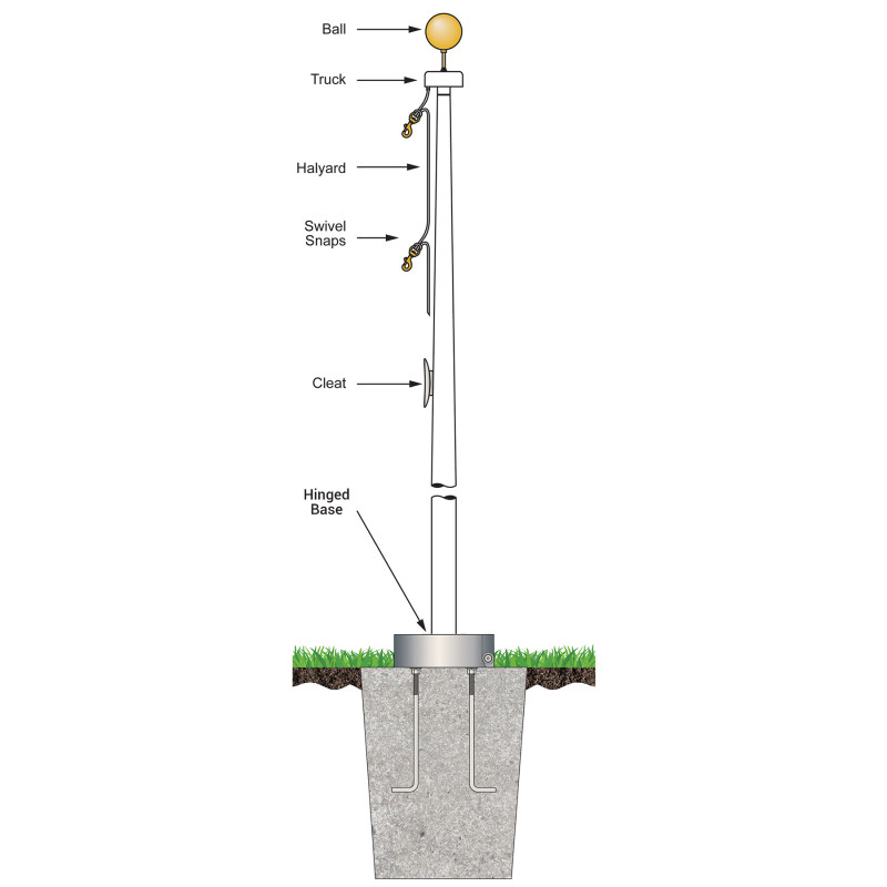60' White Fiberglass Flagpole External Halyard - Hinged Base