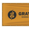 Close up of side of banner showing fabric, finishing and print
