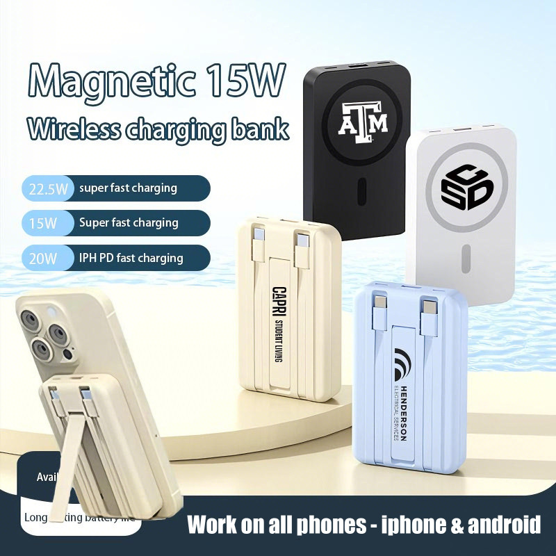 10000mAh MagSafe charging power bank with built-in dual wires and phone stand