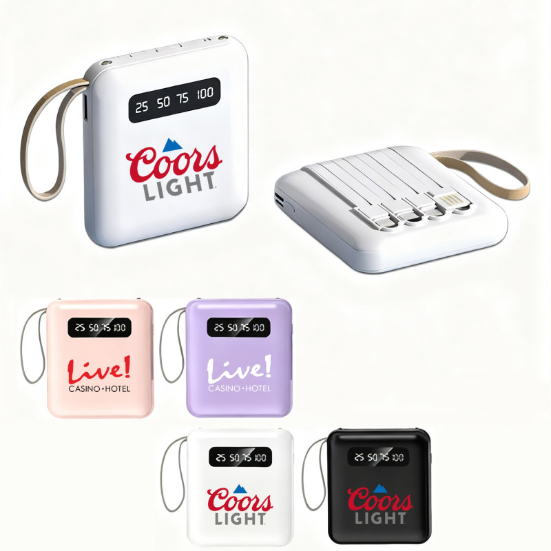 5000mAh portable power bank with charging cable built in.