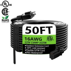 Extension Cord 50' Waterproof, 16/3 Gauge Flexible Cold-Resistant Appliance Extension Cord Outside