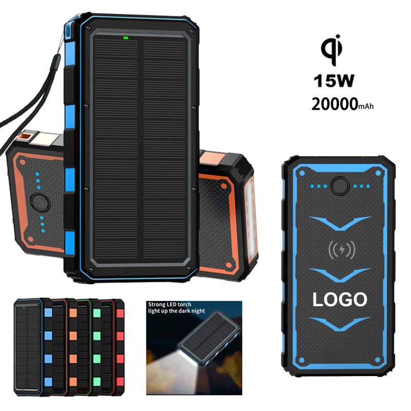 Solar Charger 20000mAh Battery w/15W Wireless QI Charger & Flashlight PD22.5W