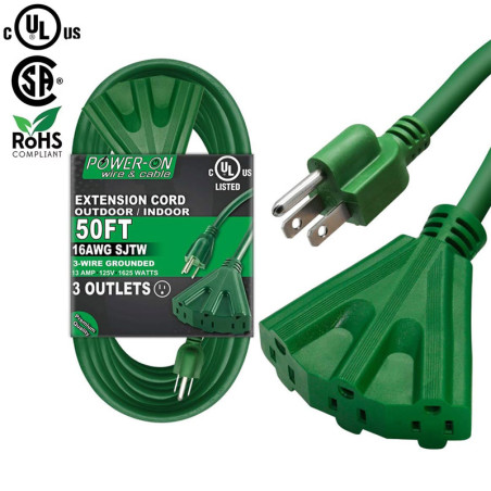 50' Extension Cord with 3 Outlets, UL Listed 16/3 SJTW 3-Wire Grounded, 13A 125V 1625W