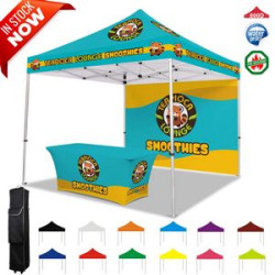 10' x 10' Printed Pop Up Canopy tent with full back walls and 6'ft stretch table cover