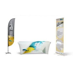 Retractable Banner Indoor Kit w Dye Sub 9' 2-sided Feather Flag, 6' Table Cover & Roll-up Banner