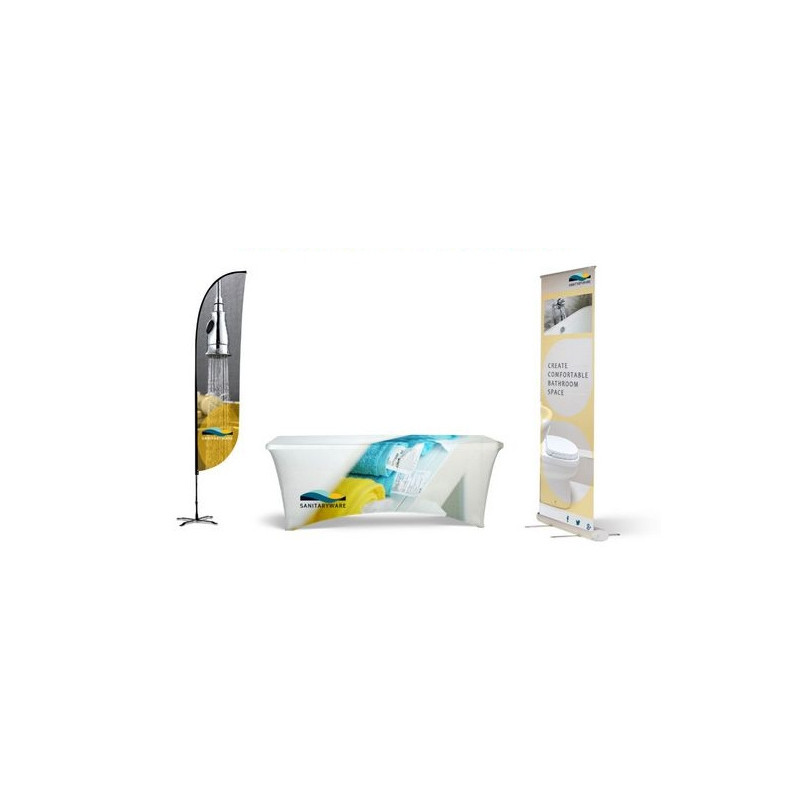 Retractable Banner Indoor Kit w Dye Sub 9' 2-sided Feather Flag, 6' Table Cover & Roll-up Banner