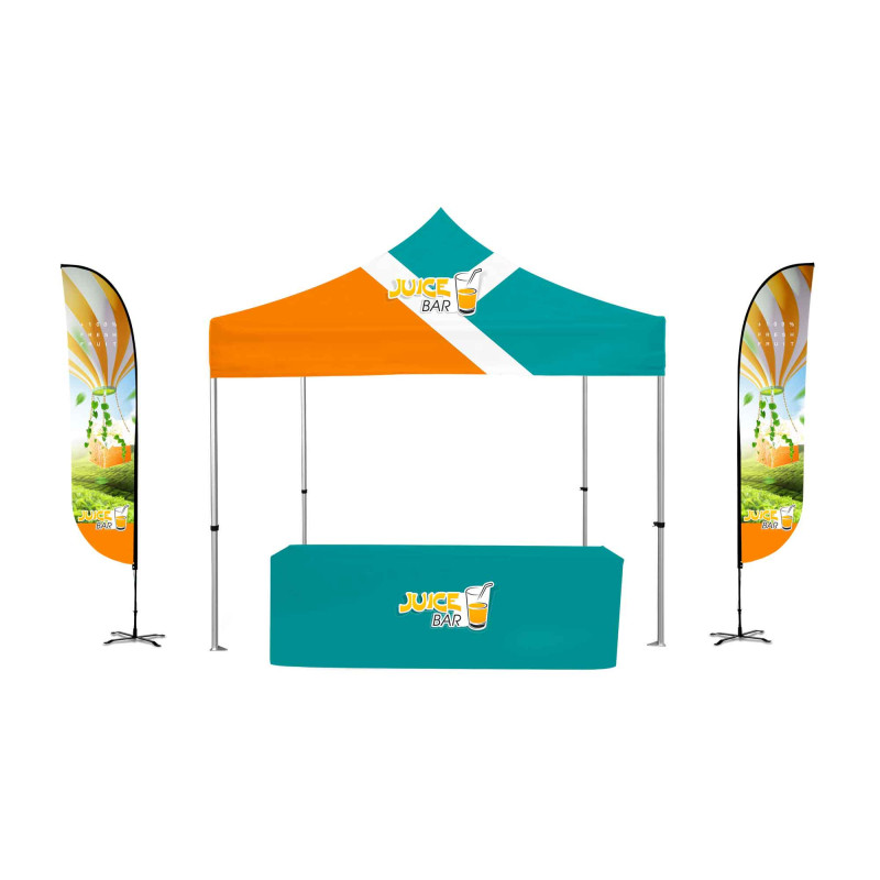 10x10' Deluxe Canopy Display Kit w/Two 9' Feather Flags & 6' Tablecover