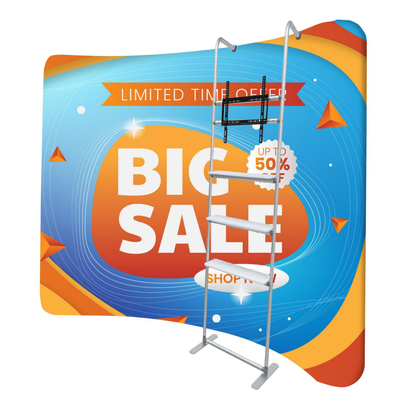118" w x 89" h Curved Display w/Shelves & TV Bracket - 1 Side Imprint