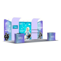 20' Inline Trade Show Booth – Modular Fabric Display with Podium, Shelves & LED Lights