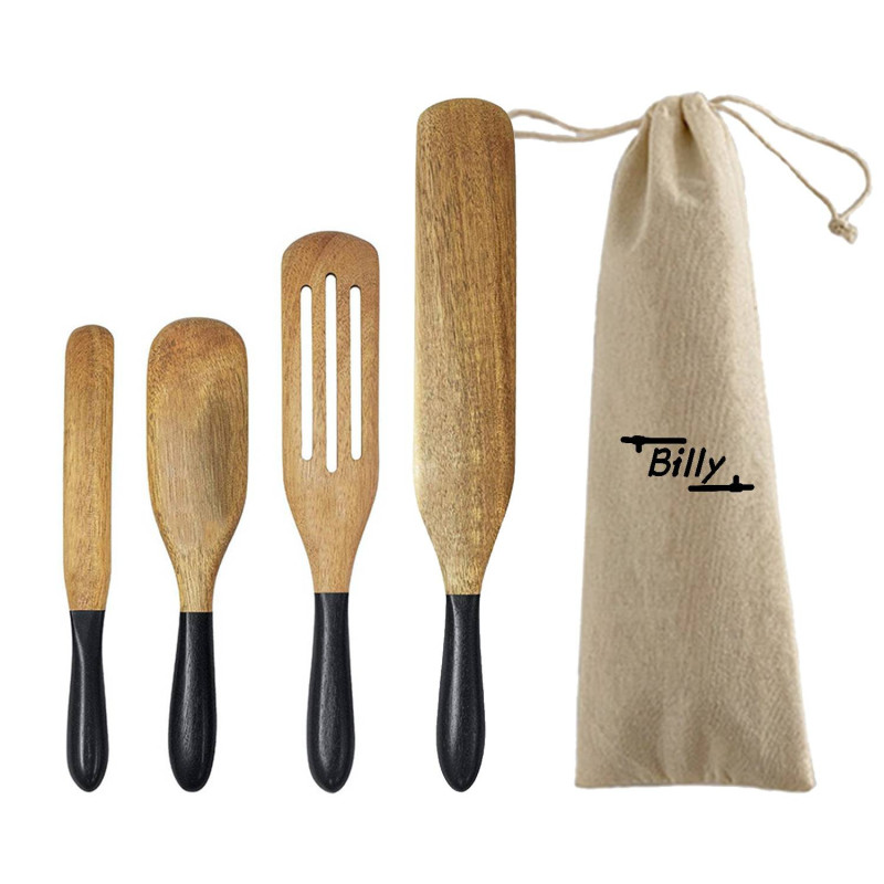 Color Handle Wooden Spurtle Set With Reusable Bag 4/Pack
