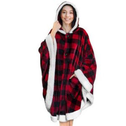 Poncho Hooded Blanket Wrap with Pockets Sherpa Fleece