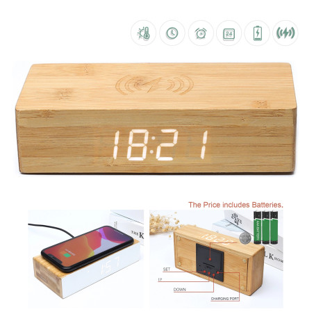 5W Wireless Charging Bamboo LED Alarm Clock