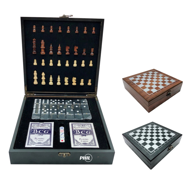 4-In-1 Travel Folding Wood Chess Dominoes Playing Cards Set