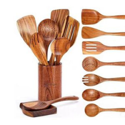 9 Piece Natural Teak Wooden Kitchen Utensil Set with Holder
