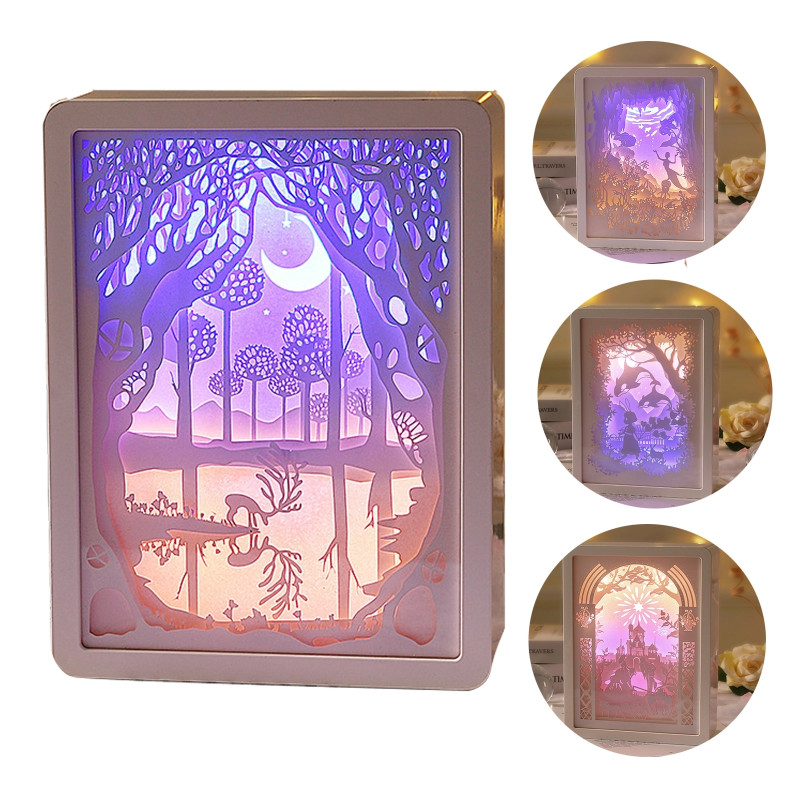 3D Paper Carving Night Light Shadow Box Sculptures Frame