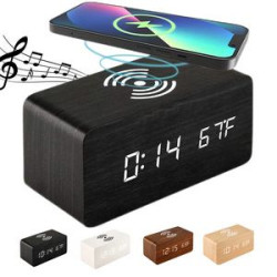 Wooden Wireless Charging Alarm Clock with Wireless Speaker