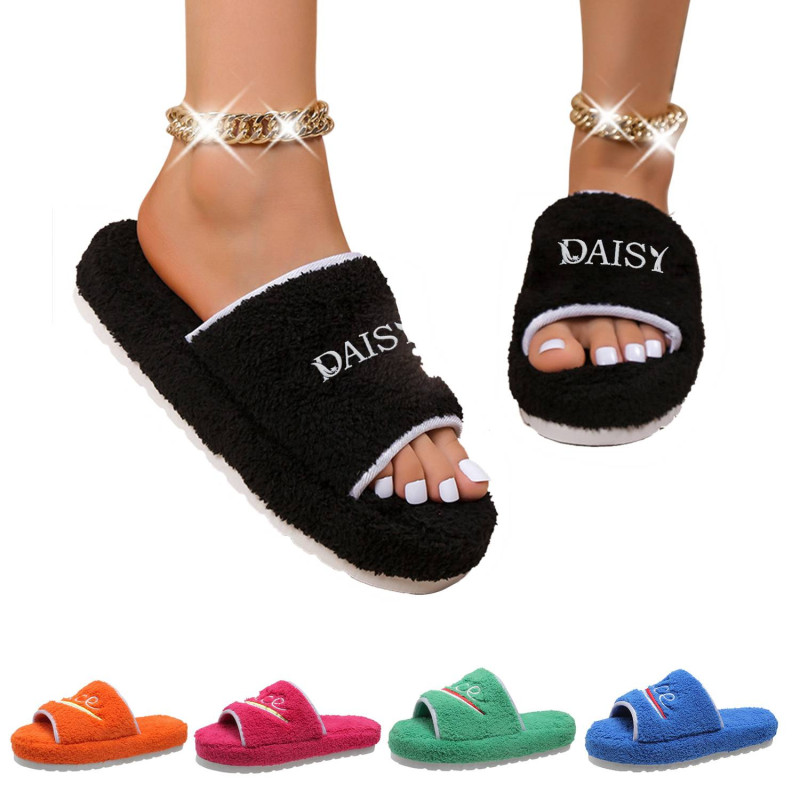 Womens Embroidered Fur Slippers
