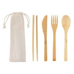 Bamboo Cutlery Set In Cotton Drawstring Pouch
